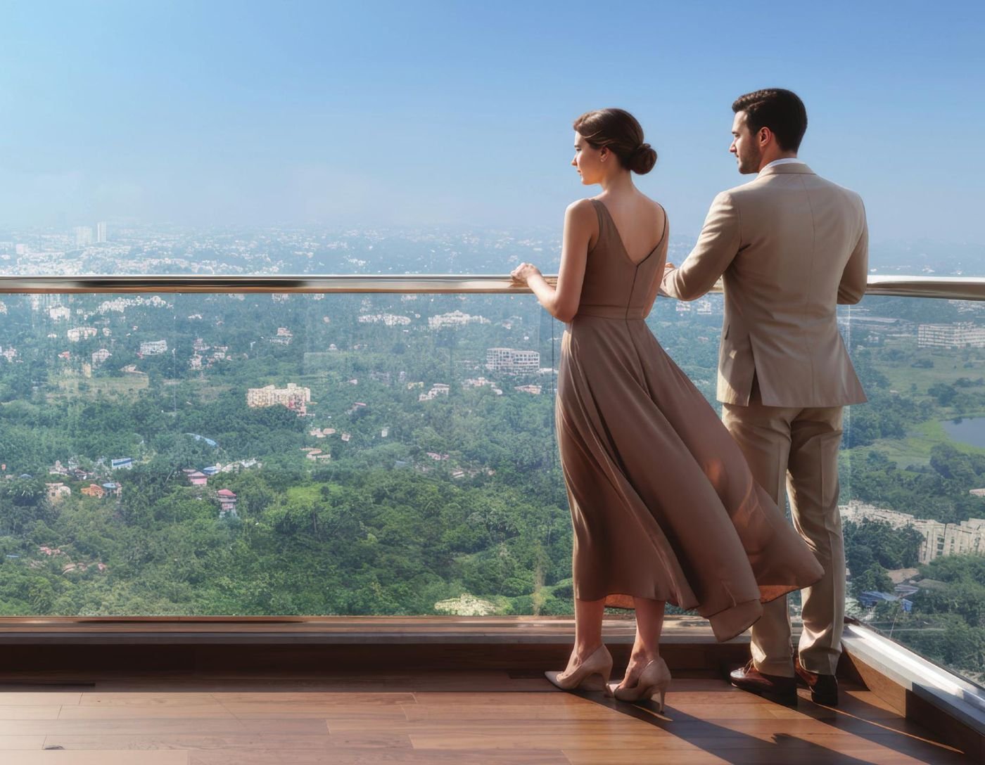 Couple on a glass-railed balcony at Srijan Orizon overlooking green South Kolkata