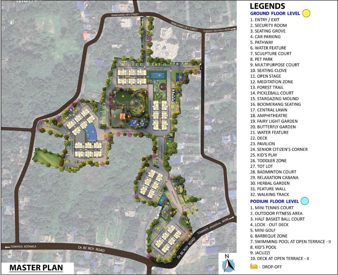 Srijan Orizon master plan showing six towers, amenities and access from Dr. B.C. Roy Road and Ramchand Dey Street